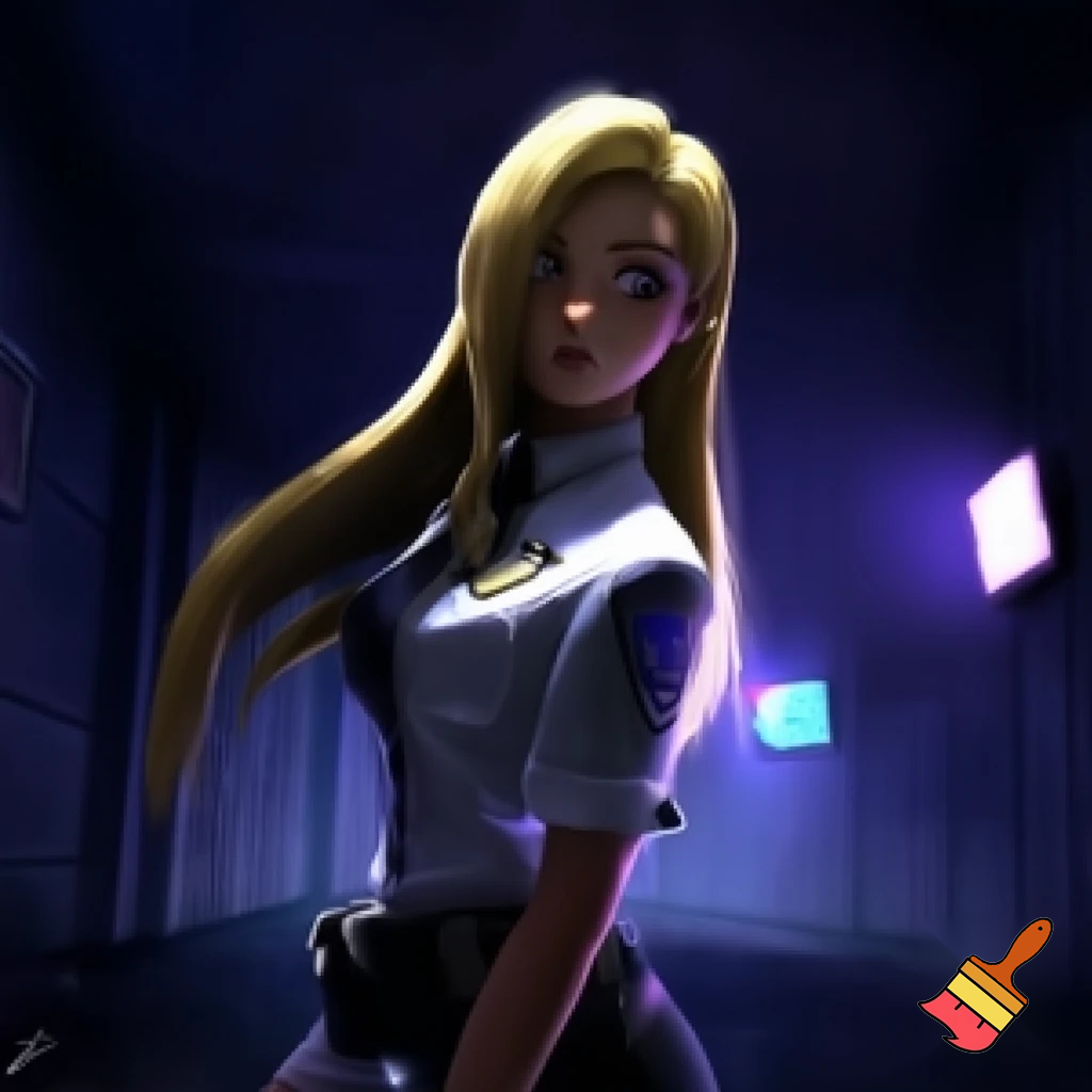 Vanessa from five nights at Freddy’s security breach with her extremely long blonde hair down; while wearing a proper security/ night guard outfit 