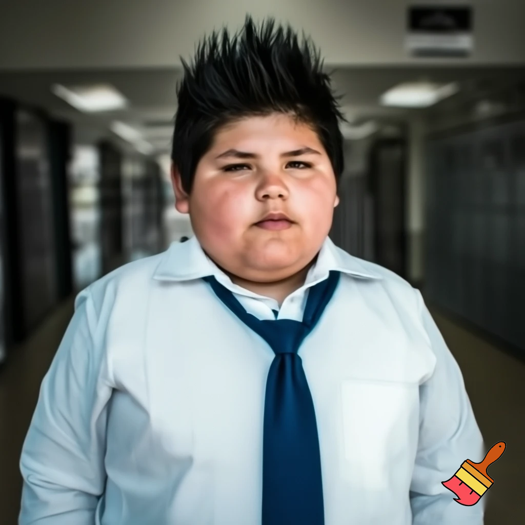 A teenager boy with haircut spiky hair , chubby in school uniform 