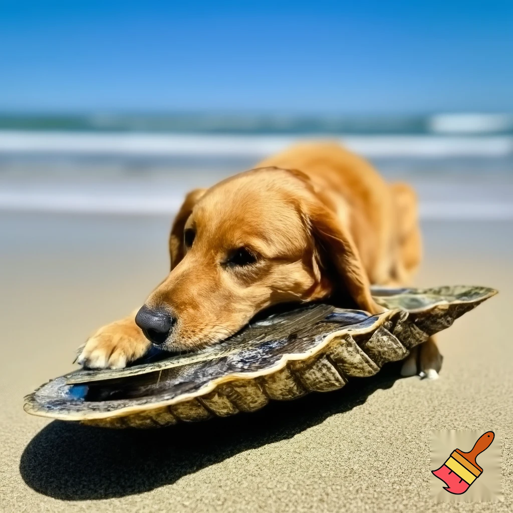 een grote mossel met een golden retriever erin die op het strand ligt