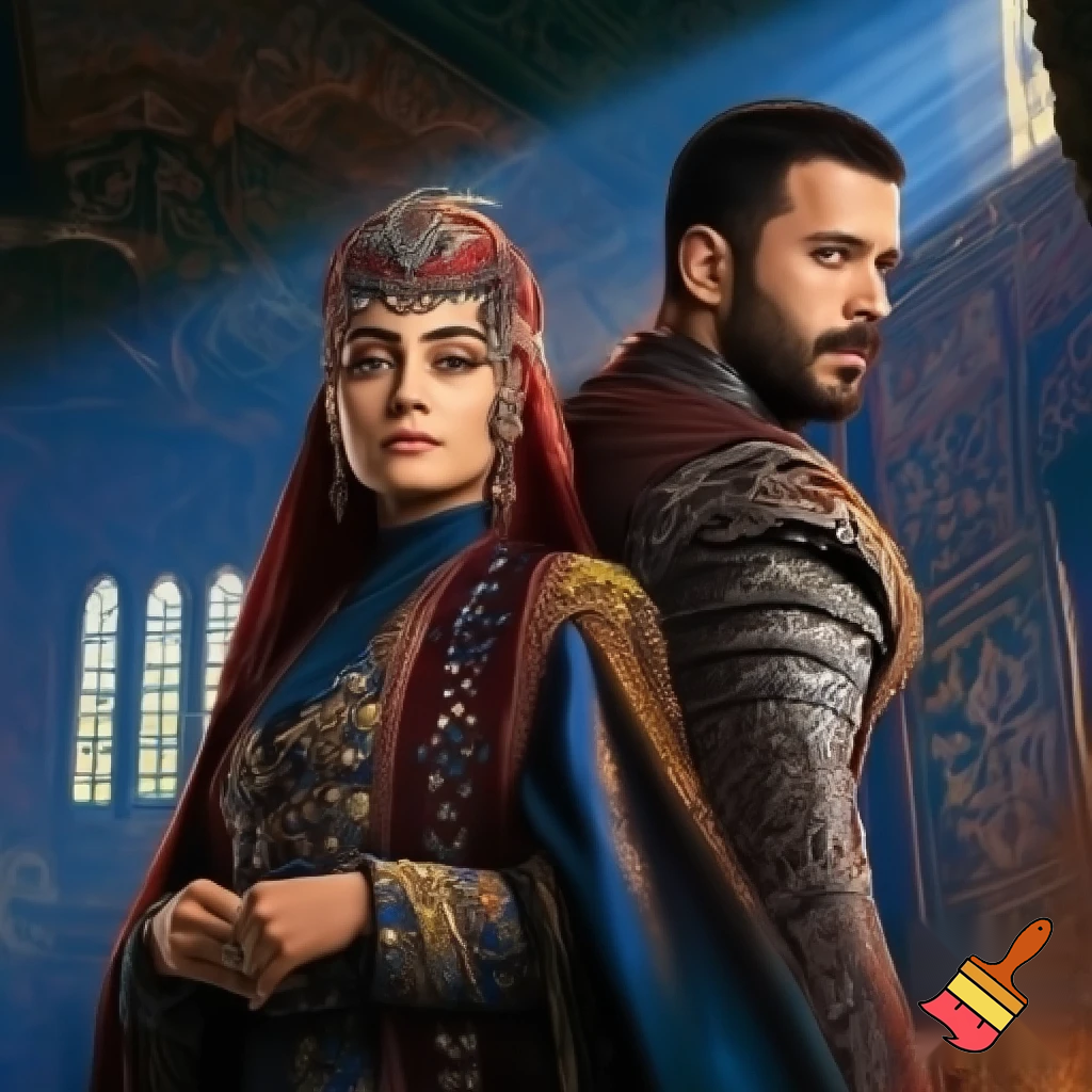  esra bilgic  as halime sultan and baris arduc as alparslan
 standing together
