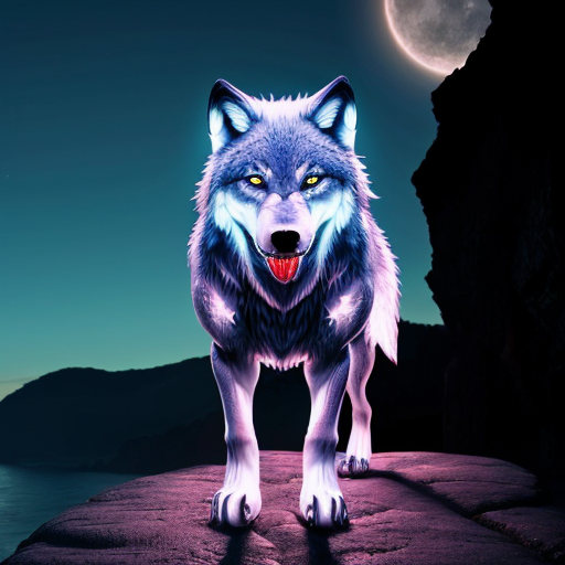 create an image of a blue wolf, with glowing red eyes, gleaming fangs and glowing fur. The backround is a rocky cliff with people coming towards it