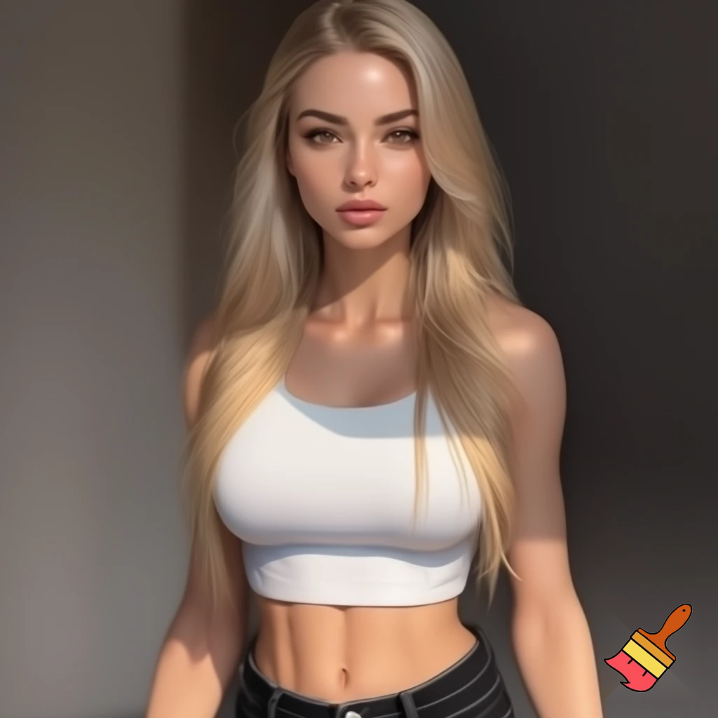 Photorealistic portrait of a blonde woman, approximately 22 years old, with long legs and athletic figure. She has long, naturally flowing blonde hair, light-colored eyes, oval face, almond-shaped haselnut brown eyes, average eye spacing, slim straight nose, naturally full lips, soft facial features, harmonious proportion and delicate, harmonious facial features. Her overall presence is confident, natural, and modern.  Natural daylight. white croptop, black jeans.” 