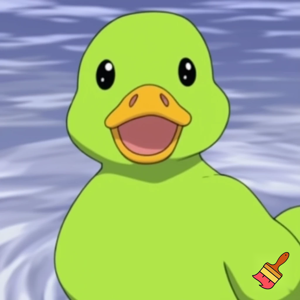 pato, feliz, desenho estilo anime, cor verde, roupa de pescador
