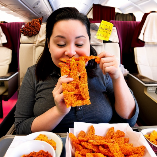 woman in a plane eats alot of hot cheetos she turned fat the inpoley came  in and she eat all her snacks
