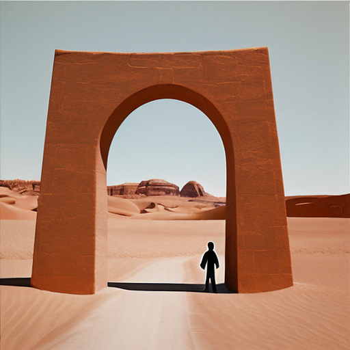 Put abstract figures in an arch in a desert landscape in Tanguy style