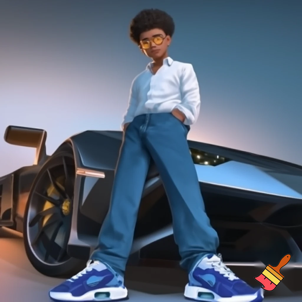 a guy with black short curly hair and with bleu geans on and a white bloes and bleu airmax shoes and he has golden glasses and he is sandingg and leaning ageinst a lamborgini and his hands in his pockets and he has a white skin coulor and he is as tall as a 12 year old

