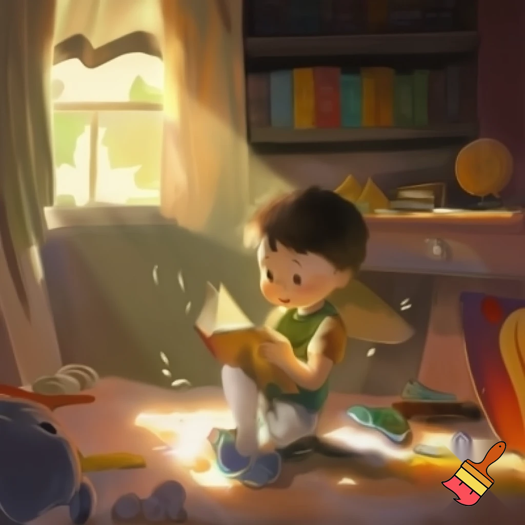 ghibli artstyle, a 7 year old boy reading a book at his room.
