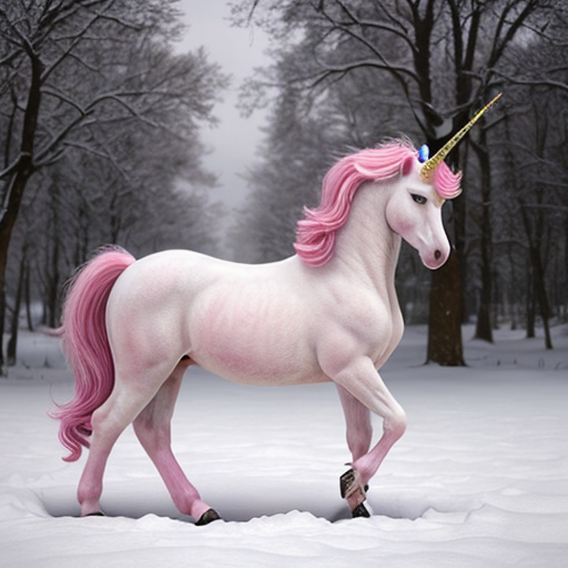 pink unicorn in a snowy field, photorealistic