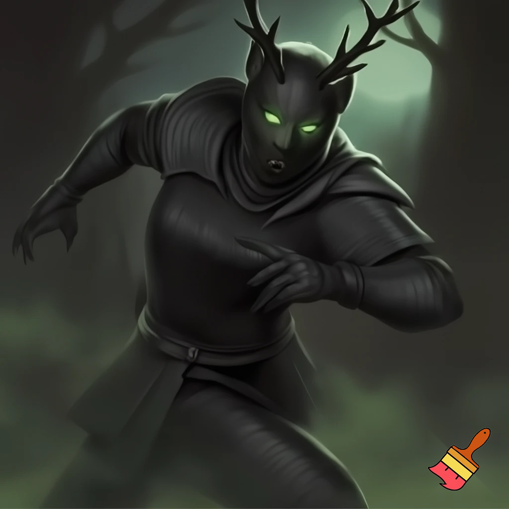 dnd druid rouge in all black with glowing eyes and small deer antlers