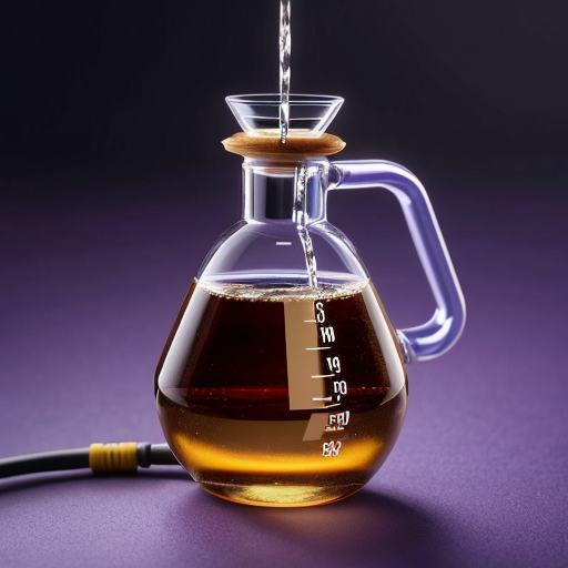a chemical flask with water and two metal plates connected by wires. purple background, close-up