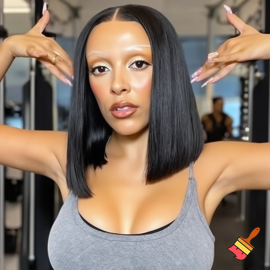 Doja Cat with a sleek middle part bob hair wearing a grey camisole tank top and black bra working out 