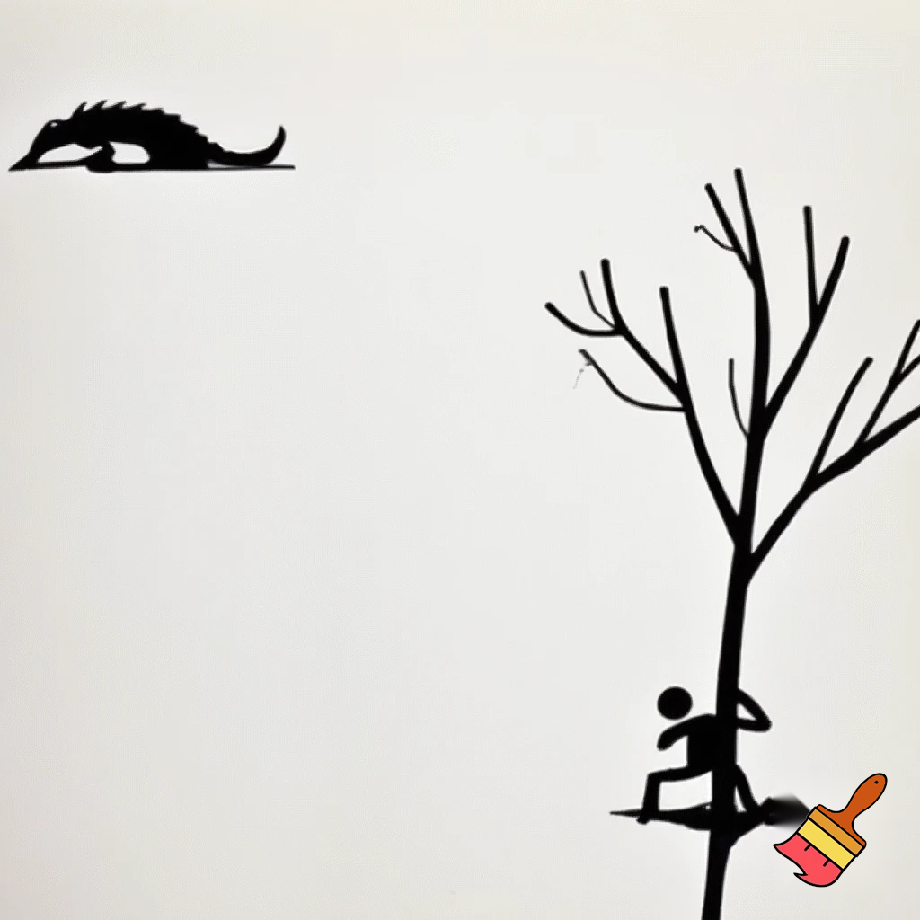 Ancient human survival

Stick figure hiding behind tree, predator in distance, black and white, minimalist, xkcd-style, survival concept illustration