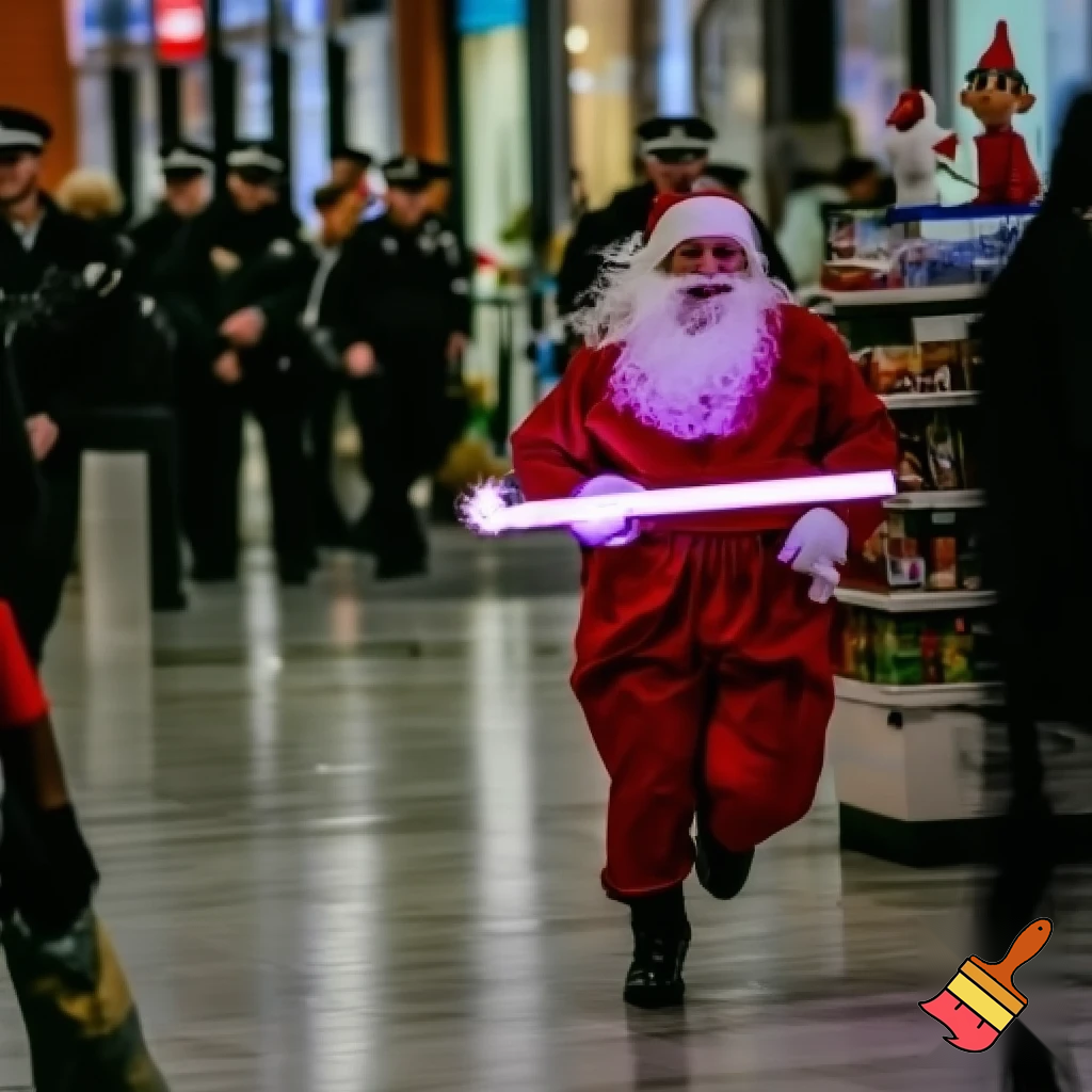 Santa Claus running with the walking stick running with his magic walking stick walking in the shopping centre with the walking stick magic staff walking stick affectation the police are on the way the police elf on the shelf