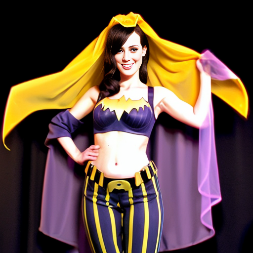 90's disney's 2d aladdin style comic black background and 3x3 panels of 
panel 1 orange haired batgirl with purple and yellow striped harem pants, purple bra and yellow curved slippers with both hand palms place together and hiding the bottom of her mouth with a purple and yellow striped veil wrapped around her arms and shoulders. 
panel 2 she danced with purple and yellow striped harem pants with purple bra and yellow curved slippers and with purple and yellow striped veil wrapped around her arms and shoulders and raising legs and bounced up and down her belly and shook her hips left and right. 
panel 3 as orange haired batgirl with purple and yellow striped harem pants, purple bra and yellow curved slippers and with purple and yellow striped veil wrapped around her shoulders and arms spreading her arms, happily revealing her face to the viewer and giving a smile as she turns around shook her hips left and right. 
Panel 4 as orange haired batgirl with purple and yellow striped harem pants, purple bra and yellow curved slippers and with purple and yellow striped veil wrapped around her shoulders and arms started to fade away , except her belly, which is bouncing around. 
Panel 5 then the ball transforms into the fading in belly of black haired zatanna with light purple and dark blue striped harem pants, light purple bra , dark blue curved slippers and with light purple and dark blue veil wrapped around her arms and shoulders with her swaying her hips. 
Panel 6 then black haired zatanna with light purple and dark blue striped harem pants and light purple bra and dark blue curved slippers and with a light purple and dark blue striped veil wrapped around her arms and shoulders and with her hand palms place together between her chest and gives a smile and winking her left eye.