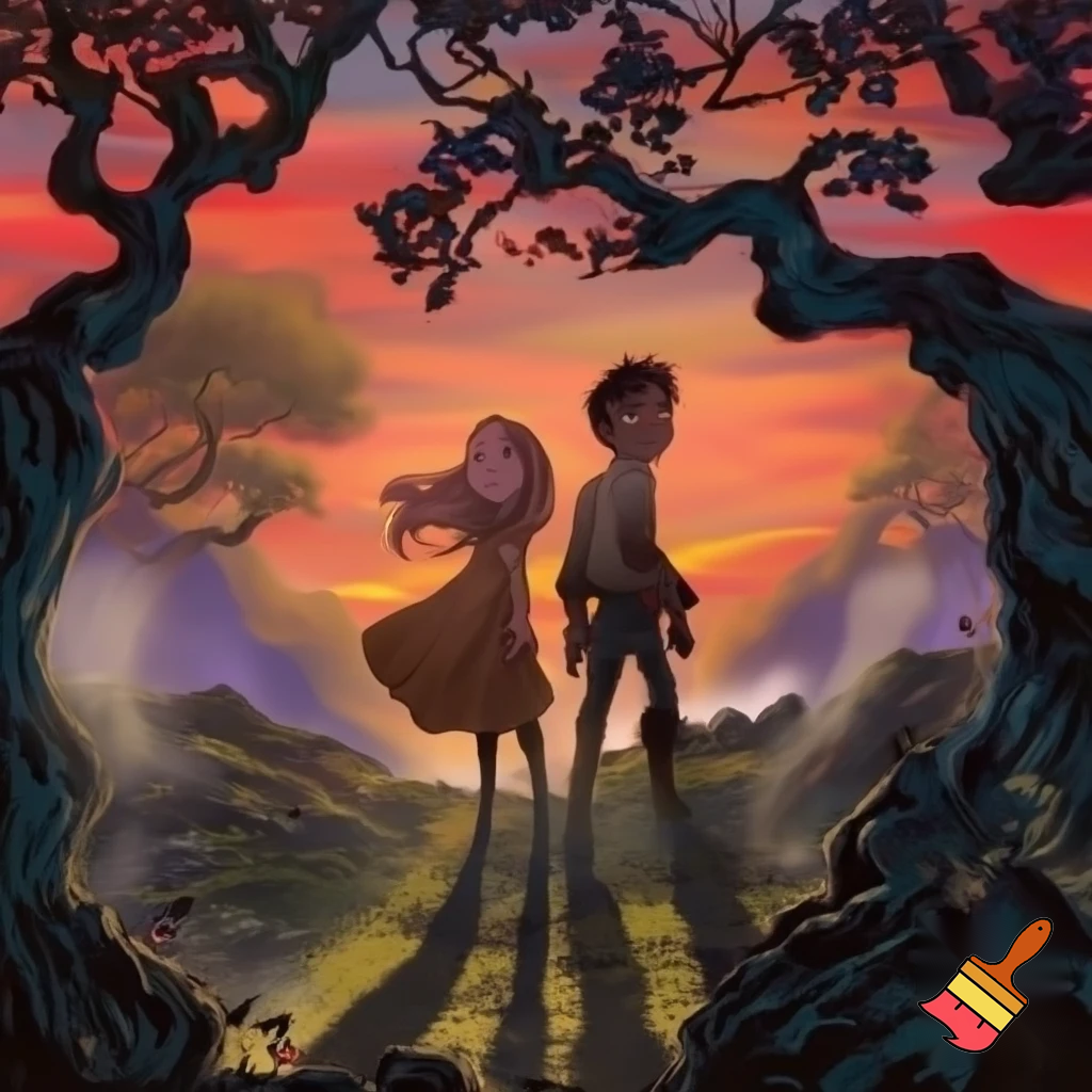 One girl one boy kids in a forest back to back in a sunset