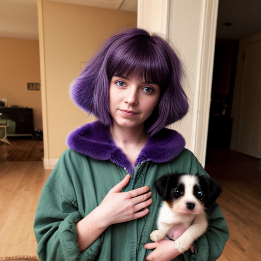 a girl with a whimsical eye and luscious purple hair baggy old green clothes and a puppy with blue fur