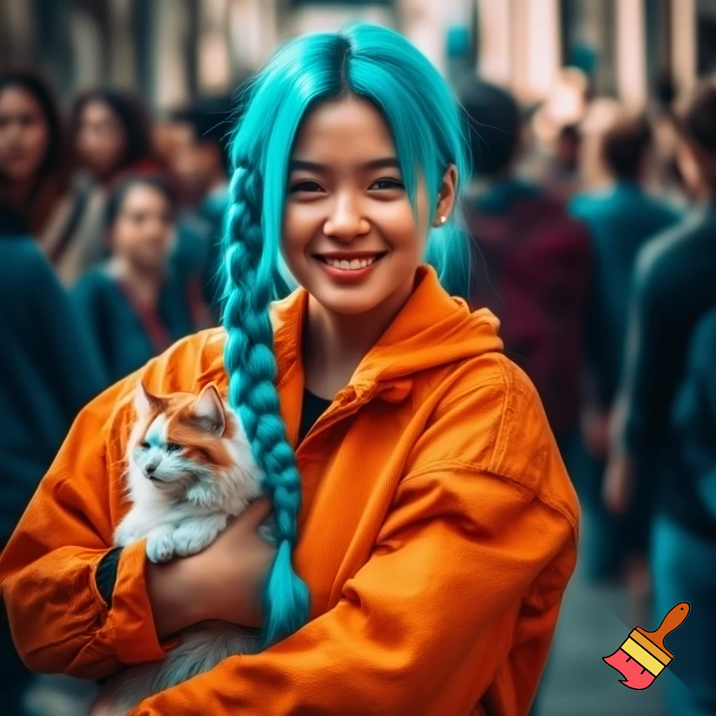 a girl with blue hair braid and a orenge jacket holding a cat and a smle all the people like her she was so famous