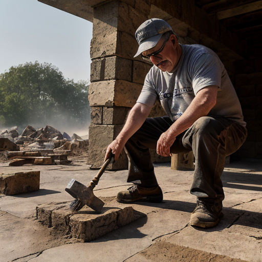 A dramatic, cinematic scene of a middle-aged man with short gray hair and sunglasses perched on his head, intensely carving the words "AMBRIMERDA" into a massive, rough-hewn stone block using a chisel and hammer. He's dressed in worn gray t-shirt and pants, covered in dust and sweat, standing on a rocky quarry floor with scaffolding nearby. Warm golden-hour lighting filters through dust particles in the air, casting long shadows and highlighting the texture of the stone and tools. 