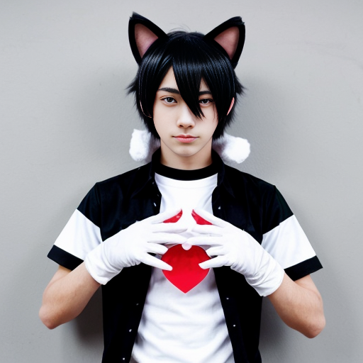 anime teenage boy with red eyes, black hair, white cat ears, a white shirt
, blue jeans, black gloves with one love heart per glove and a brown cat tail with a white stripe near the tip.