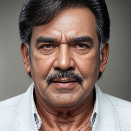 Please create a photo of a man in his 60s whose looks are similar but not identical to Rajesh Khanna (Bollywood star from the 70s) 
