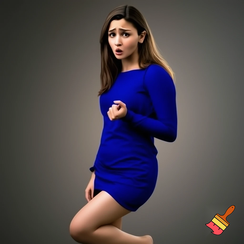 Alia Bhatt in a short blue dress. Standing with her right leg tightly crossed across her left leg, and a worried expression, as if saying "ooooh"