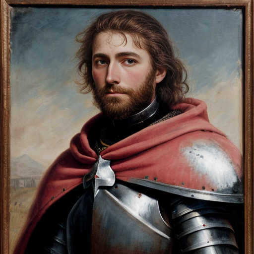 a weathered painting of a handsome knight, he is wearing a pink cloak with black spots