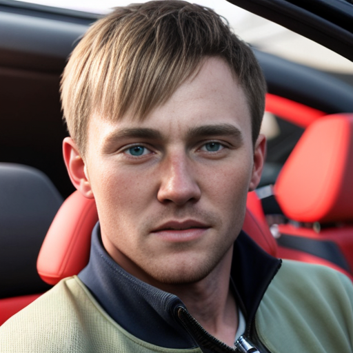 generwate an image of conor macmanus from ireland brown hair 5 ft 6 and from blackrock colage and with a blue quater zip first year driving a ferrrari car no helmet still wearing the blue quater zip wereing a quaterzip drinking matcha from a starbuck cup 13 year old


