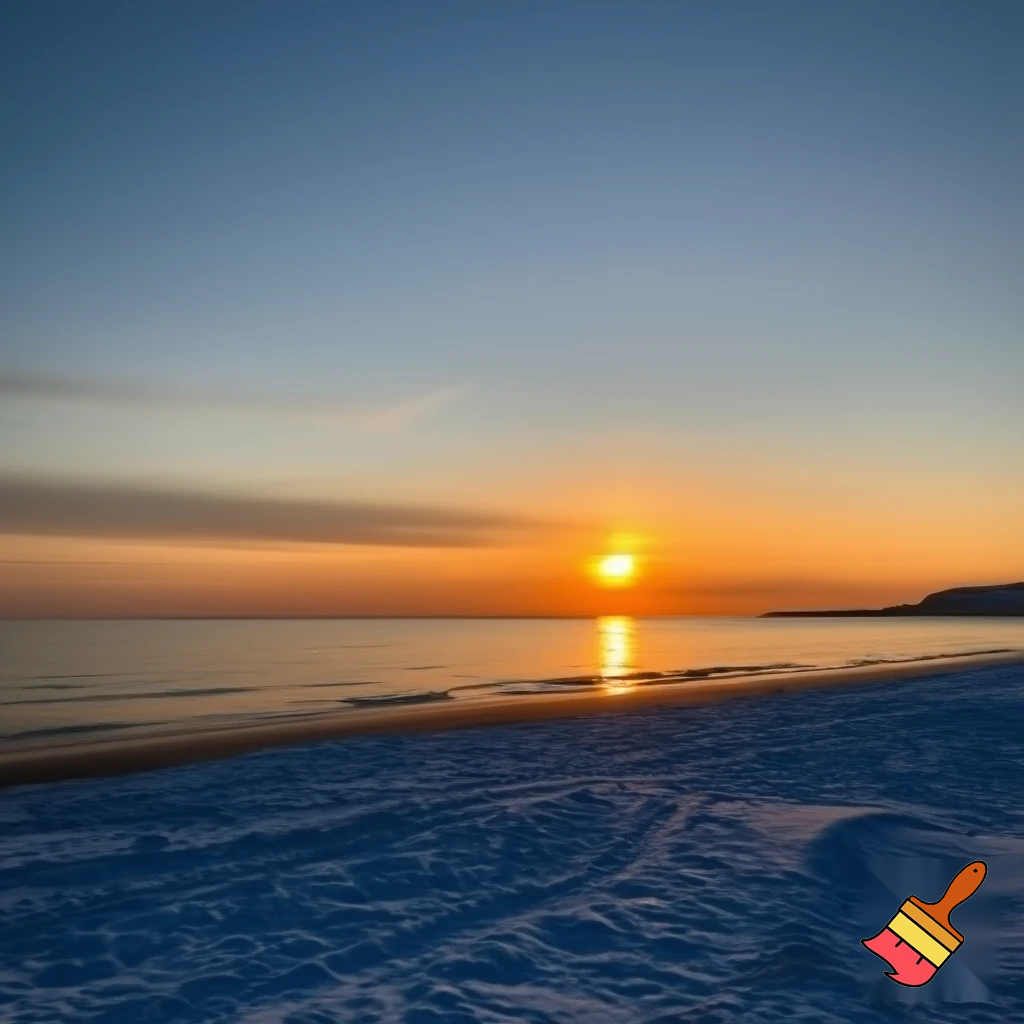 A beach at sunset while it snows