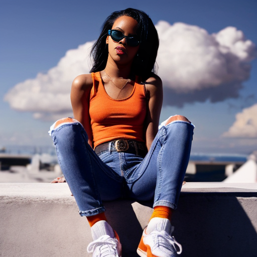 Rihanna orange tanktop belt blue mini jeans purple socks orange and white sneakers on a sitting Cloud in the Sky