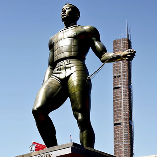 100 foot statue of Karmelo Anthony holding scales of justice