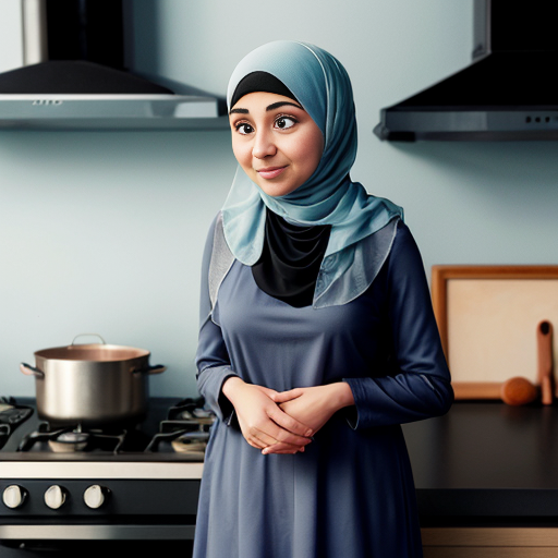 Pixar-style cartoon, Muslim woman 35-40, fully covered wide light blue dress, headscarf covering hair, modest, standing at stove cooking, gray background, no sexualized features, simple cartoon style