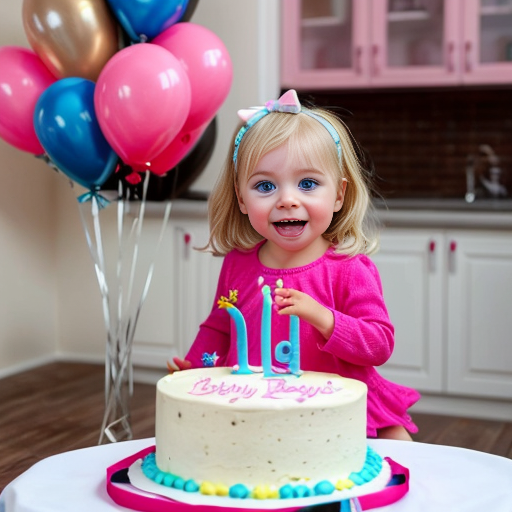 create a 2 year old daughter with blonde hair with blue eyes in pink on her birthday in front of a cake at a house 