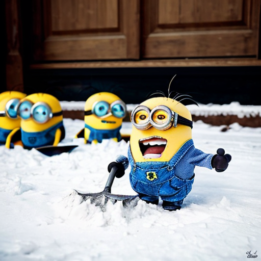 6 elmos in a circle pointing at an angry minion sitting in the middle of the elmos. Outside in the snow. A group of minions with shovels are coming in the background to save the minion.