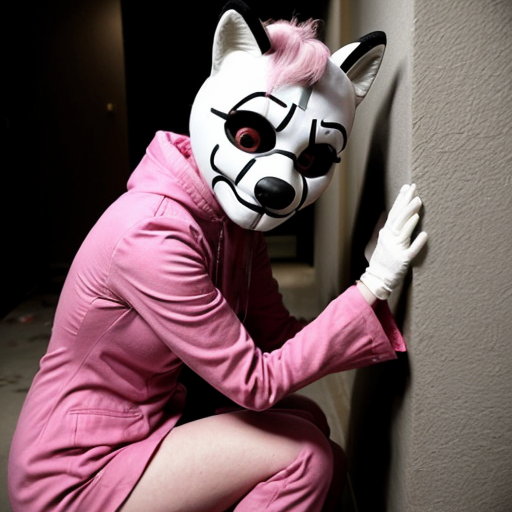 A 21-year-old female student was caught by female animatronics from FNAF 2, and they put a classic original toy foxy female animatronic suit (a beautiful, muted, white and pink fox) inside, parallel to the suit, hands in hands, etc. What will the girl's behavior be when he sees that she is in a suit and through the suit's mask there is blood on the floor, that when she moves her legs or arms while sitting against the wall, she is in incredible pain, and that she is bleeding almost all over her body.