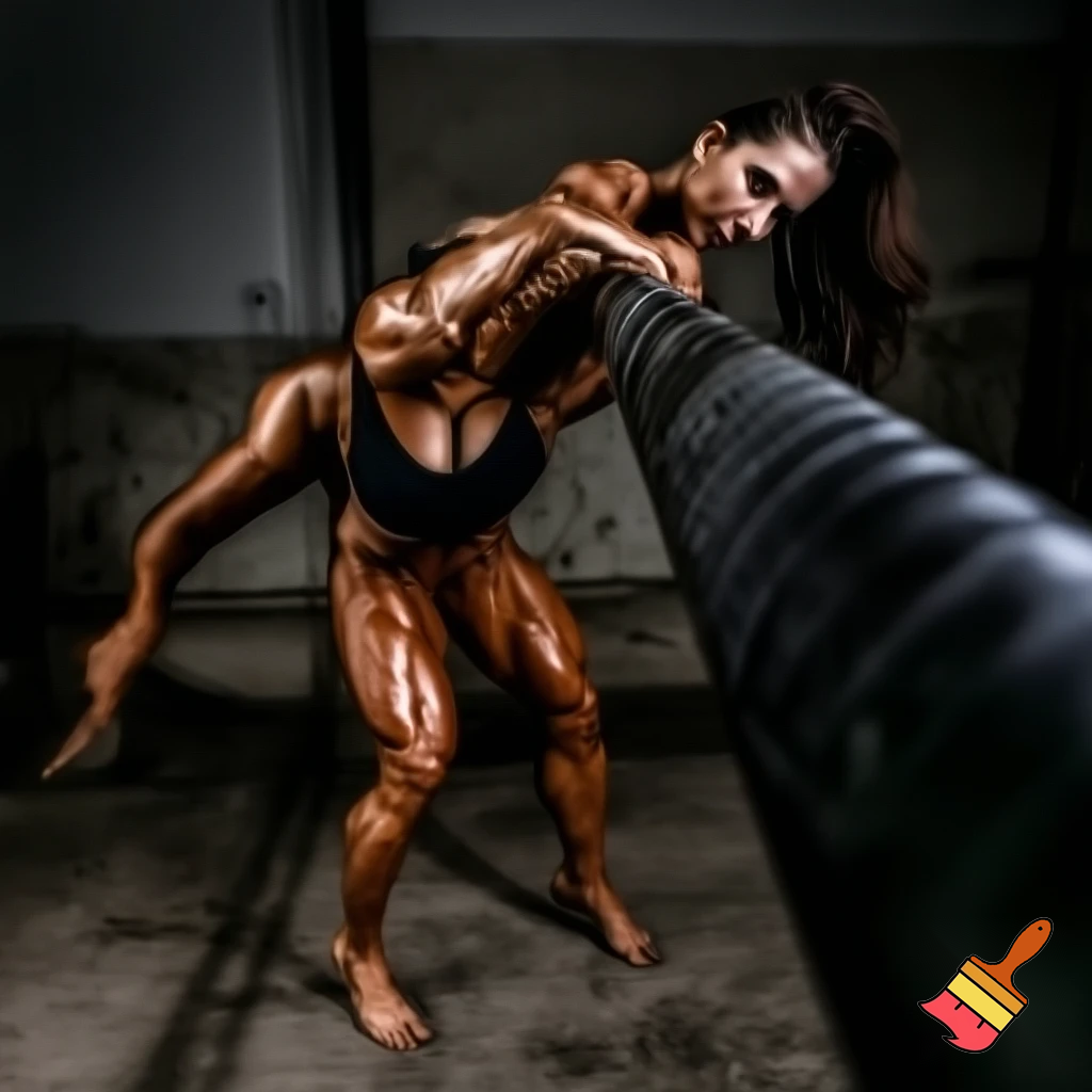 A woman with super-human muscles bend an iron bar 
