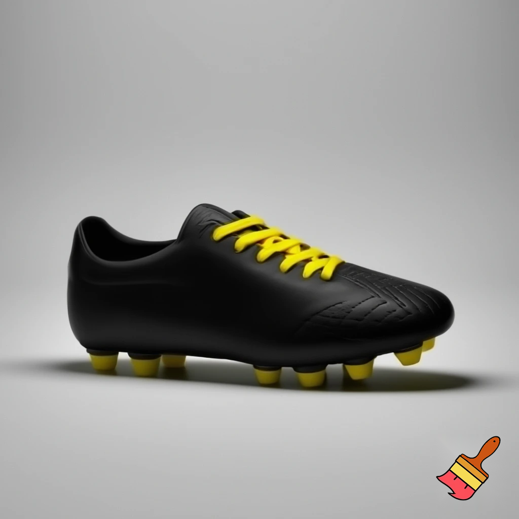 a plain black soccer boot with yellow studs with yellow shoelaces
