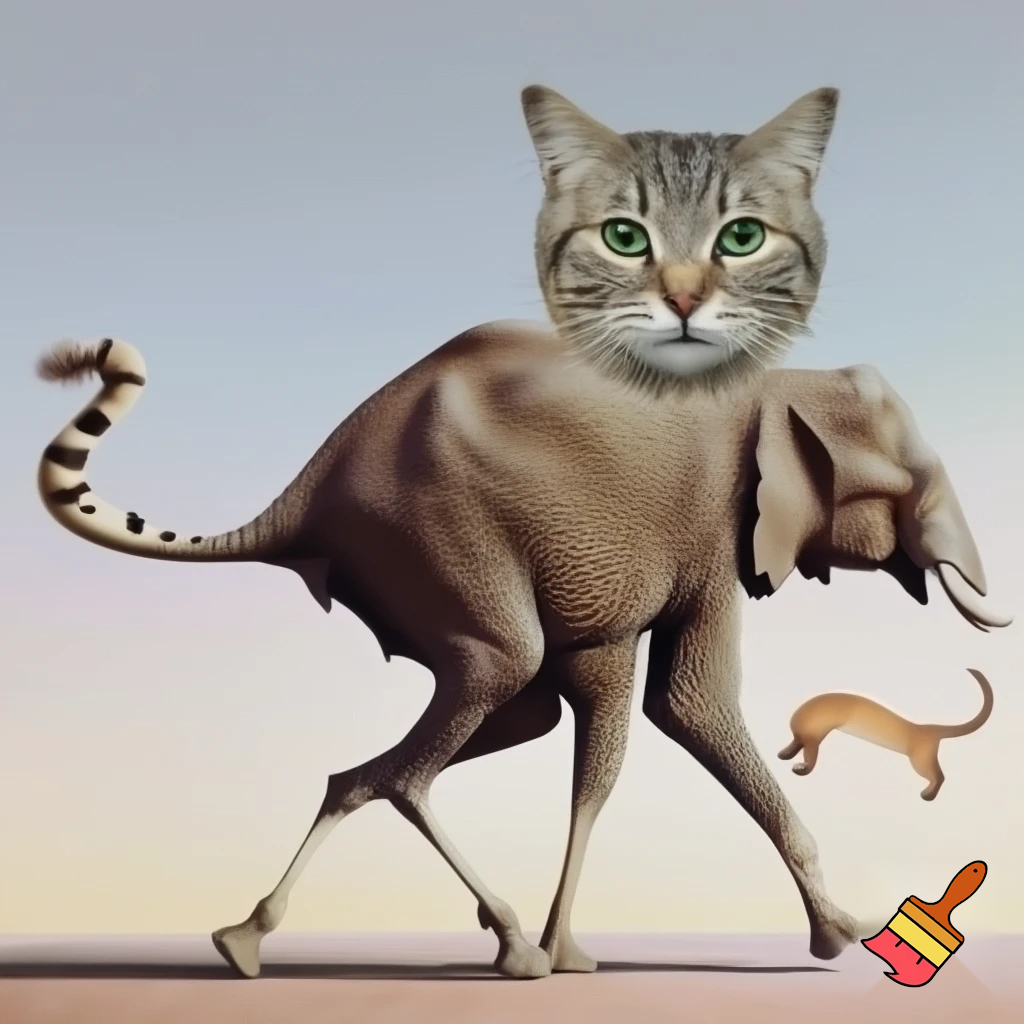 crea un animal con cabeza gato,cuerpo de elefante , patas de avestruz y cola de puma
