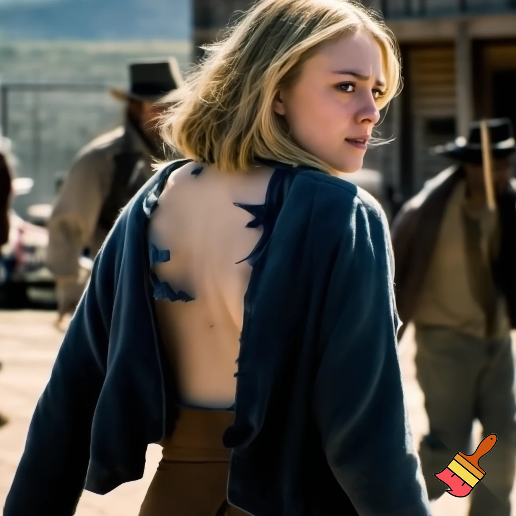 Dakota Fanning, various poses, torn clothes, wild west street scene, close up shot, breast exposed, walking looking over her shoulder 