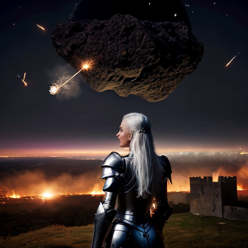 young white-haired woman in armor watches as meteorites fall on her castle