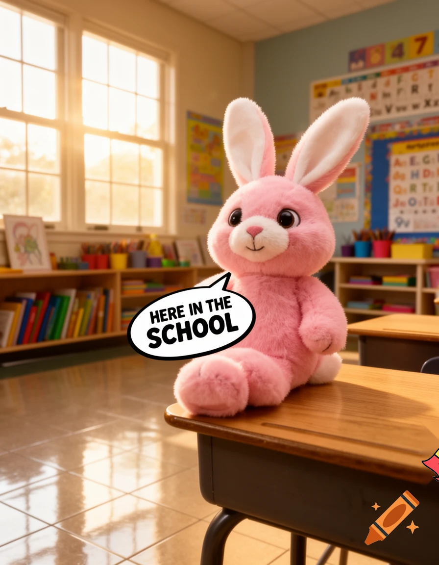 pink bunny says here in the school