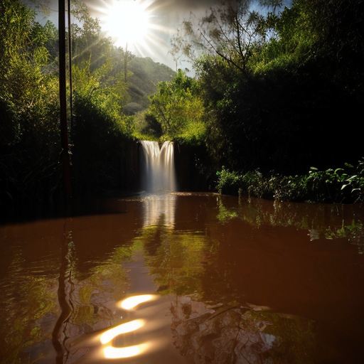 
"A dramatic cinematic shot of a powerful flash flood rushing through a Moroccan valley (Oued) with traditional red clay surroundings. In the foreground, a large, crystal-clear water drop is suspended in the air. Inside the drop, a reflection of a lush green forest is visible. The lighting is moody with golden hour sun rays. The style is hyper-realistic, 8k resolution, with a contrast between the muddy flood water and the pure blue drop."

