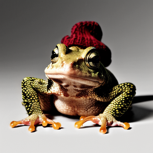 A laughable, puzzled animal toad in woolen, multicoloured winter clothings with woolen winter cap. Hyperrealistic style.