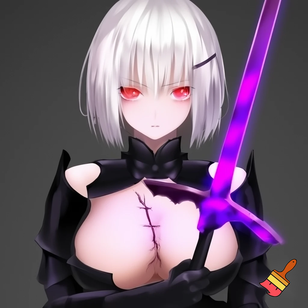 anime girl. red eyes. star in eye. white hair. short hair. serious face. big breast. her role is a warrior. her armor should be designed feminine. some parts should be naked. black armor. claymore in her both hands. claymore is black with purple light. her stance is serious. an scar on her breast. her breast is almost naked.