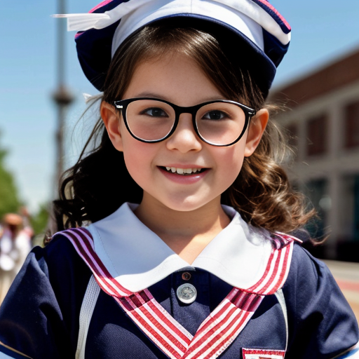 Cute adorable niña Chilindrina glasses con hair lazo curly con verano sailor uniforme escolar con zapatos negros escolar con calcetines blancos con sombrero sailor con grupal con caminar con desfile Estados Unidos América bandera con ciudad 25