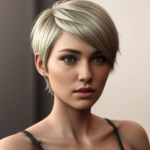 Attractive woman with an ash blonde pixie cut and a slim build 