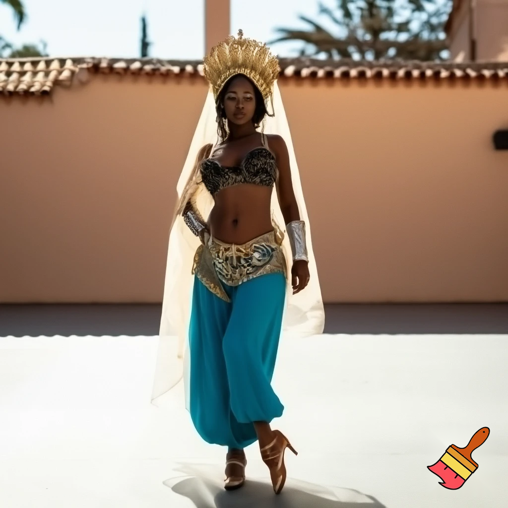 Attractive Moroccan woman with dark skin wearing a headpiece, a veil, ornate cuffs, a bejeweled bra, a coin belt, harem pants and ballroom dance shoes in California 