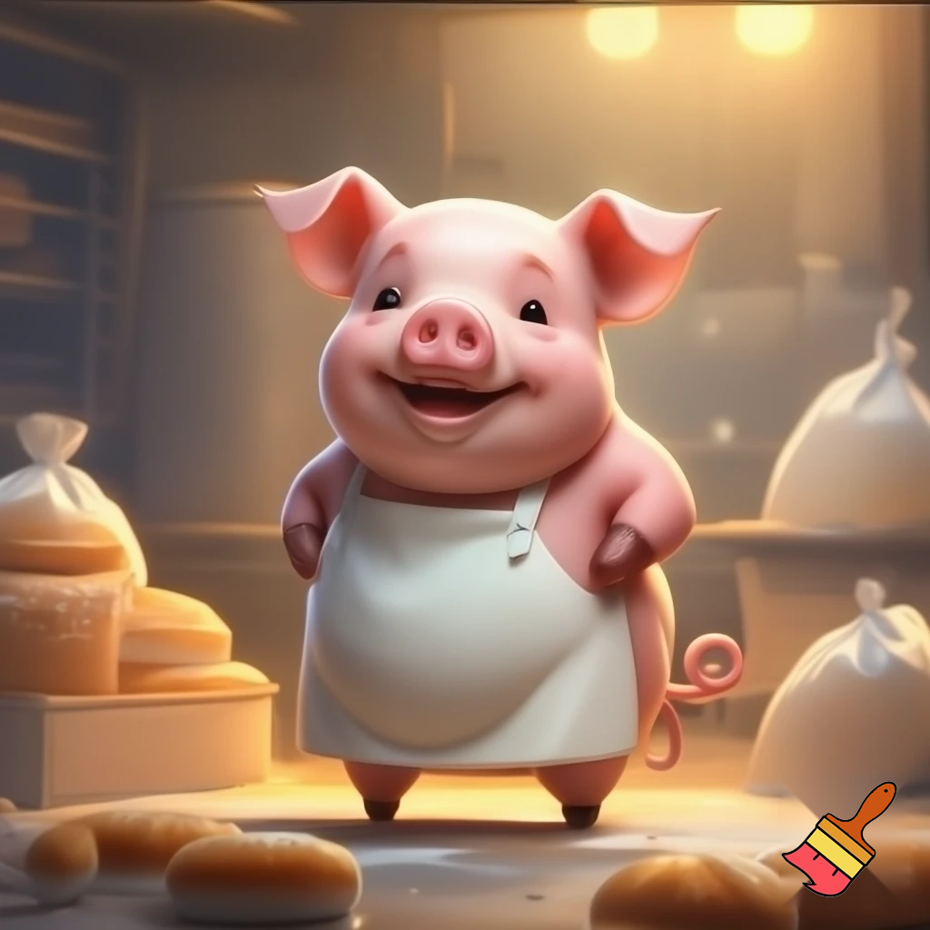 create a picture of a pig that has a white apron and a curly tail, cartoon style. He is a baker.