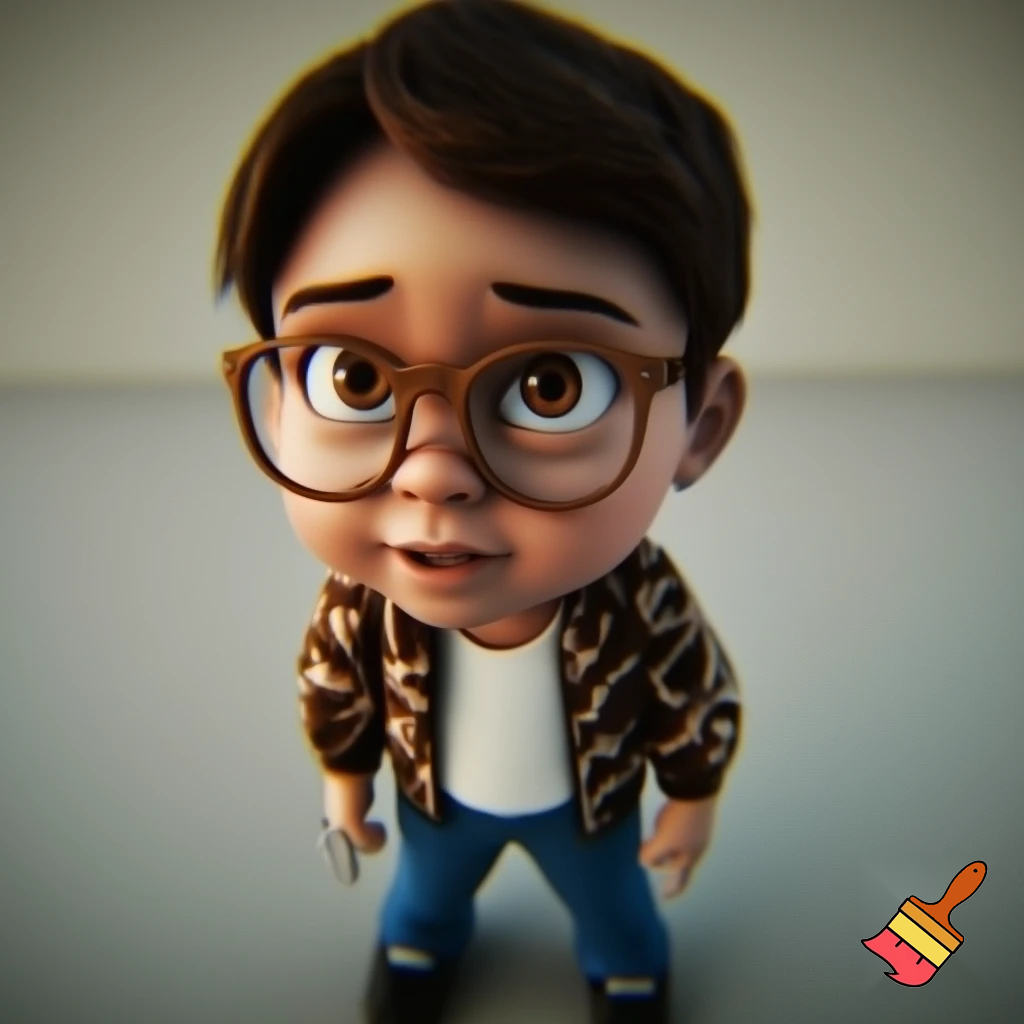 A Gacha brown boy with dark brown hair, brown glasses and a brown pattern jacket with a white shirt, blue pants and black shoes. 