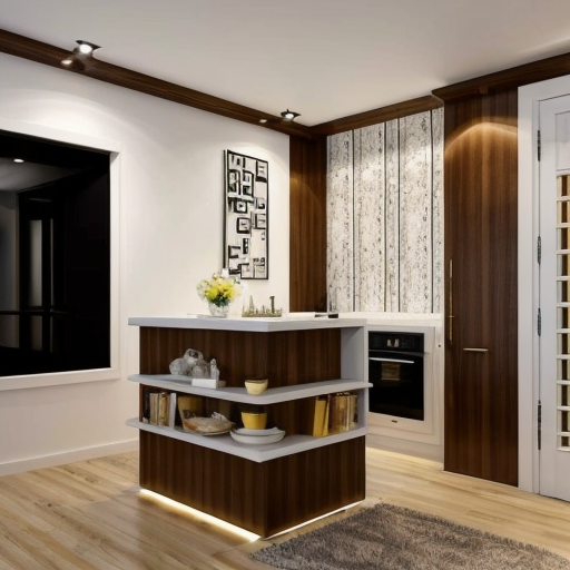 generate an interior picture of a room , not kitchen, with a 2.5-meter-long and 2.7-meter-high wall on the left, with 5 4-centimeter-wide pecan-colored boards on the left and right edges of the wall, and black wallpaper with gold-colored thin stripes in between. There is also a 60-centimeter-wide and 2-meter-high decorative panel with a floral pattern, and a 60-centimeter-wide and 2-meter-high mirror. the second wall begins with 50 cm of 4 cm wide pecked walnut-colored slats, followed by a 1.80 m long and 1.3 m high counter with a glass in the middle that is illuminated from the inside with yellow light, then 90 cm of slats that are pecked at regular intervals, and the wall ends with a door that matches the color of the counter. The third wall is covered with decorative plaster. Design this room in a modern and stylish manner.