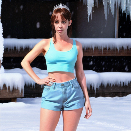 jennifer love hewitt as Jackie frost blue skin blue bod y naked brown hair bangs on her forehead her skin tirns ice blue body legs who wears a light blue sleeveless crop top , an icicle skirt, shorts snowflake tiara. background of snow wears high heels